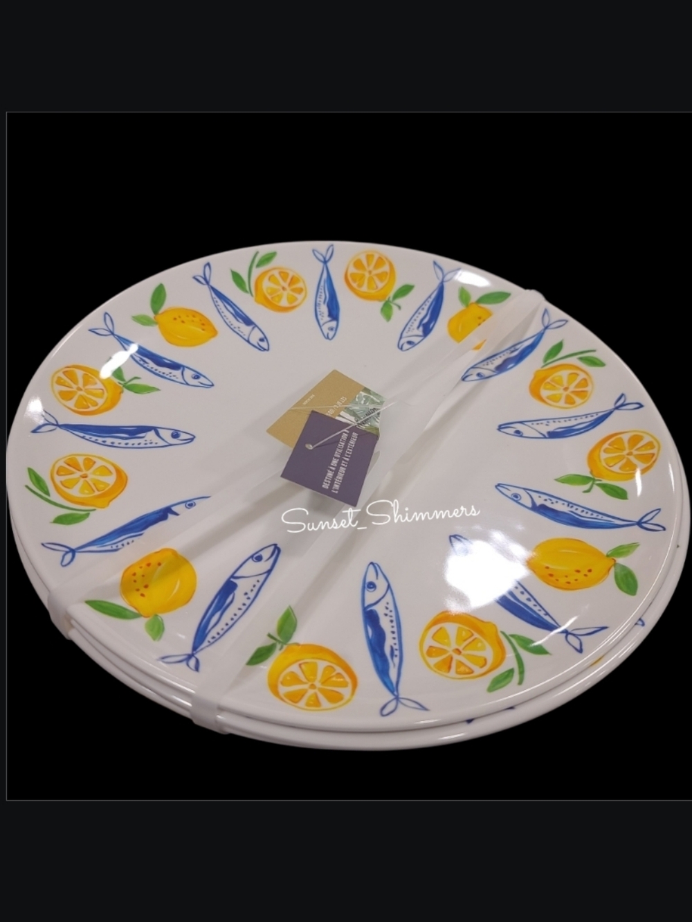 8 Tommy Bahama Sardine Lemon Blue Fish MELAMINE Dinner & Salad Plates Set New - Picture 3 of 8